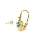 Arany baba fülbevaló áttört virág formával és világoskék kővel - 14K előlkapcsos zár